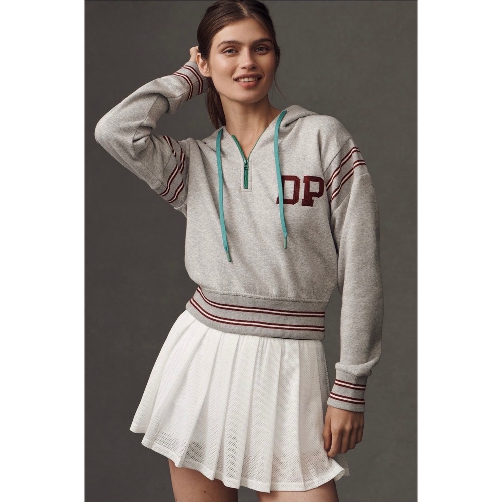 NWT Daily Practice Anthropologie Grey Varsity Striped Quarter Zip Hoodie Women M